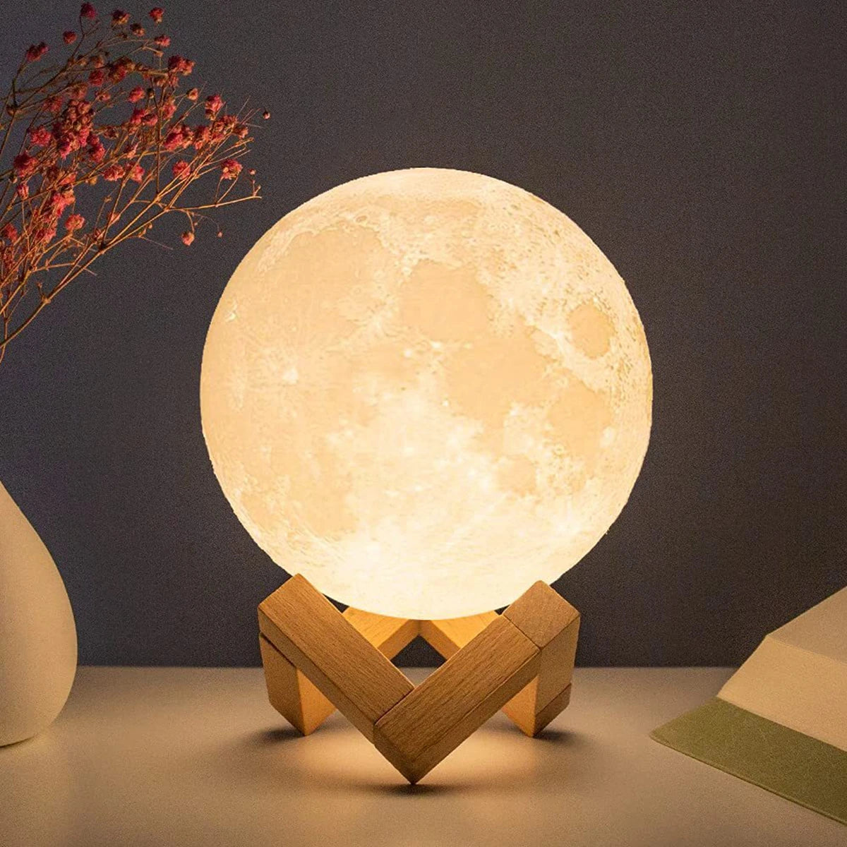 E5 8Cm Moon LED Night Light Lamp Battery Powered with Stand Starry Lamp Bedroom Home Decor Night Lights Kids Gift Moon Lamp Xmas